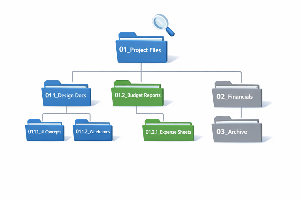 Ilustrasi struktur folder arsip digital tiga tingkat dengan awalan 
angka untuk mendukung sistem Smart Search yang optimal dan navigasi 
dokumen cepat