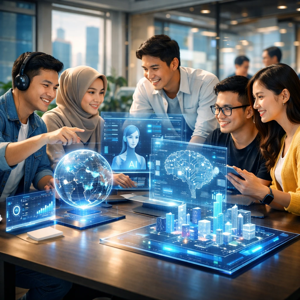 Group collaborating with futuristic technology.