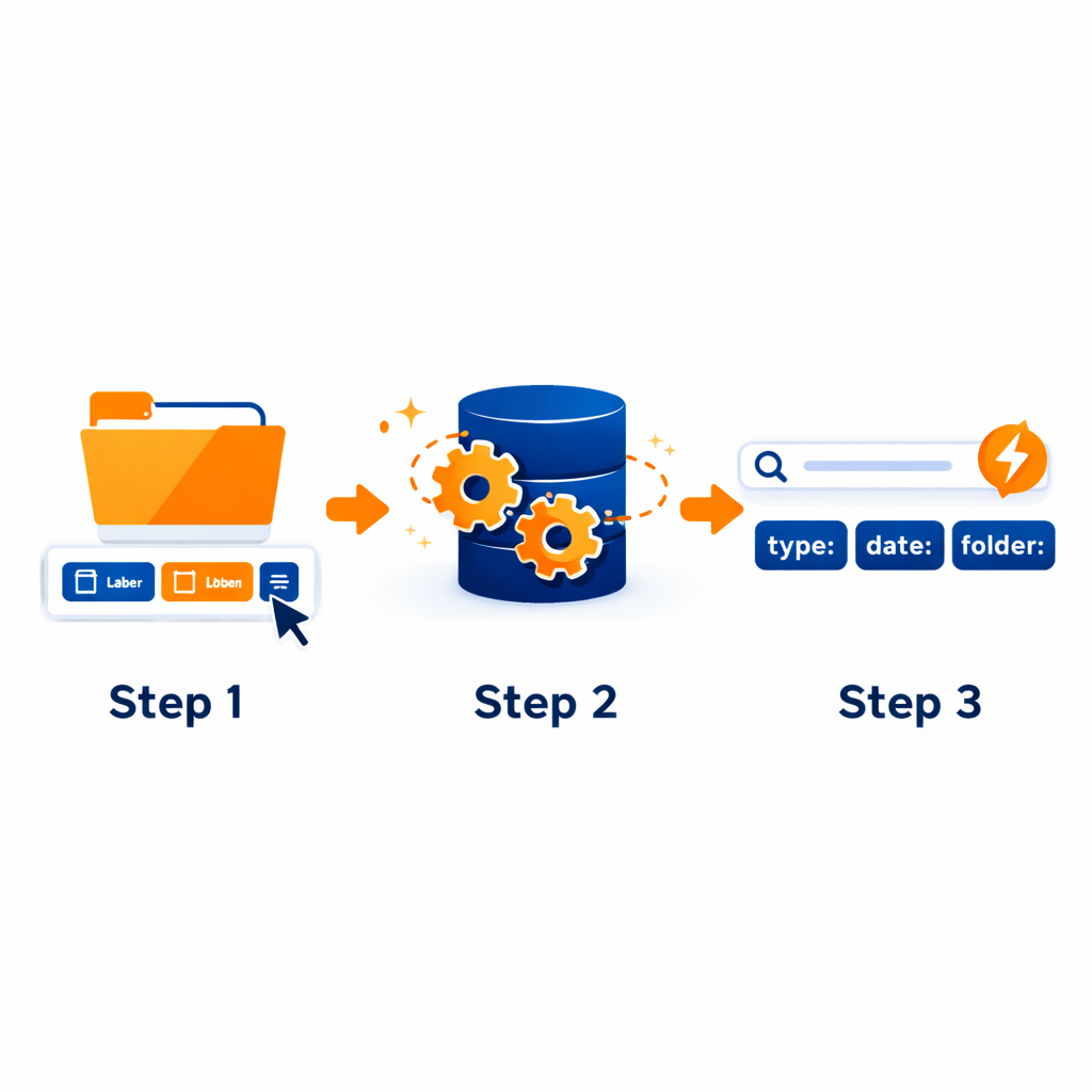 Infografis tiga langkah Cara Smart Search: standarisasi nama file, 
aktifkan indeksasi latar belakang, dan gunakan operator pencarian 
lanjutan untuk menemukan dokumen dalam 3 detik