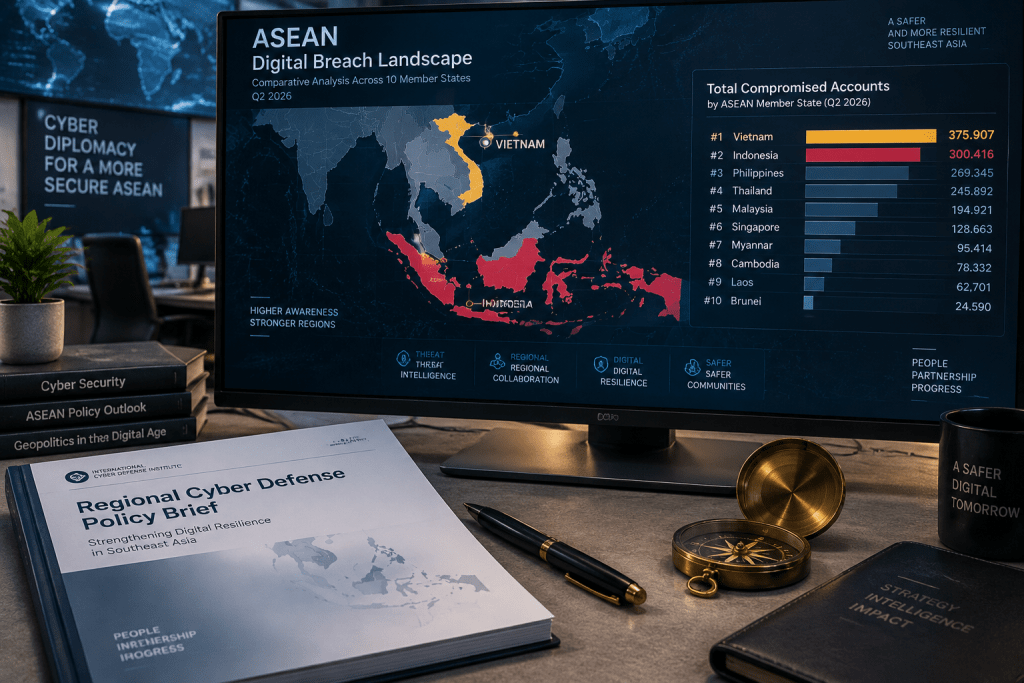 Peta infografik Asia Tenggara menampilkan peringkat kedua Indonesia dalam volume kebocoran akun di ASEAN.