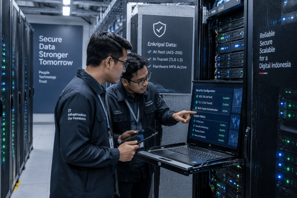 Teknisi sistem mengonfigurasi enkripsi data dan autentikasi multi-faktor MFA di ruang data center enterprise.