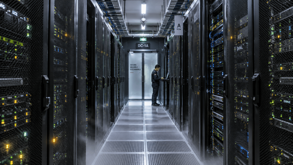 Koridor pusat data berkecepatan tinggi dengan indikator server yang merekam lonjakan serangan siber BSSN.