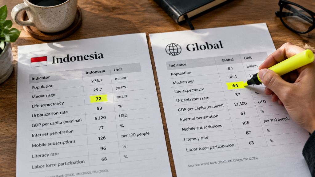 Seseorang membandingkan skor pertahanan siber Indonesia dan global pada dua dokumen cetak yang dibeberkan berdampingan.