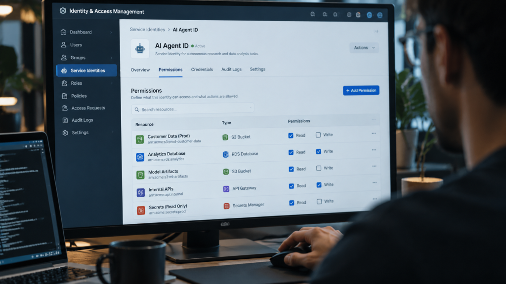 Layar komputer menampilkan antarmuka perangkat lunak Identity and Access Management (IAM) untuk membatasi hak akses spesifik pada agen AI.